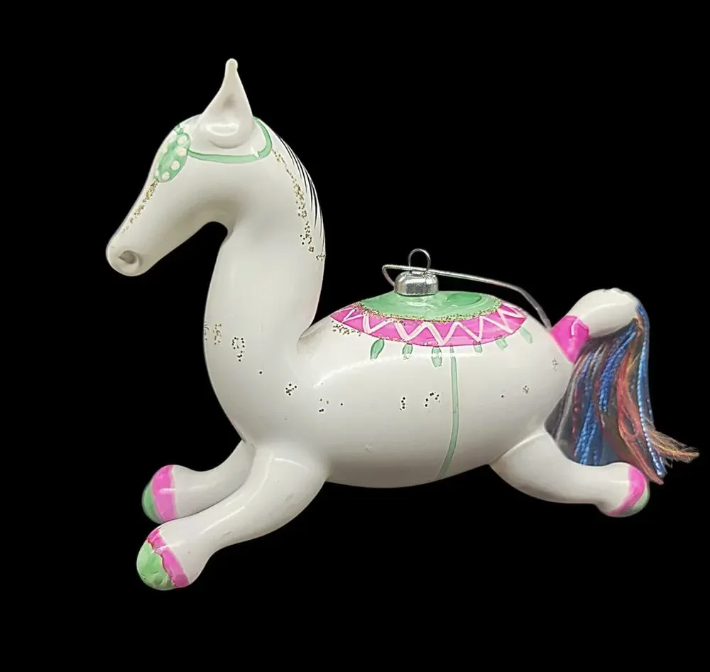 Vintage Italian De Carlini White Horse Hand Blown Glass Ornament Made in Italy